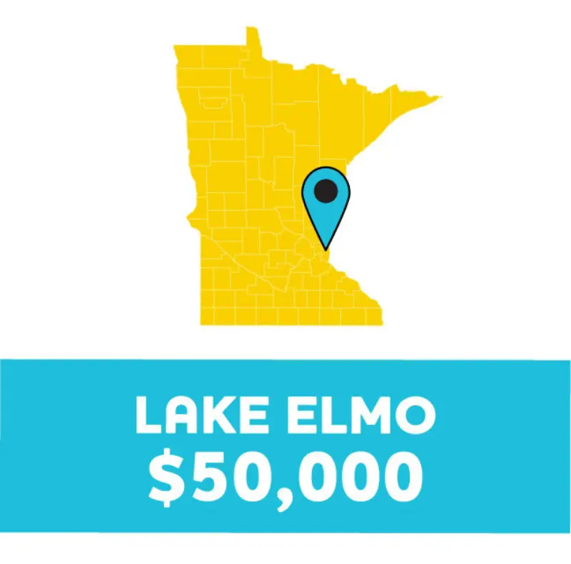 Yellow Minnesota map with a blue pin at Lake Elmo. Below, a blue box shows "LAKE ELMO $50,000" in bold white letters.