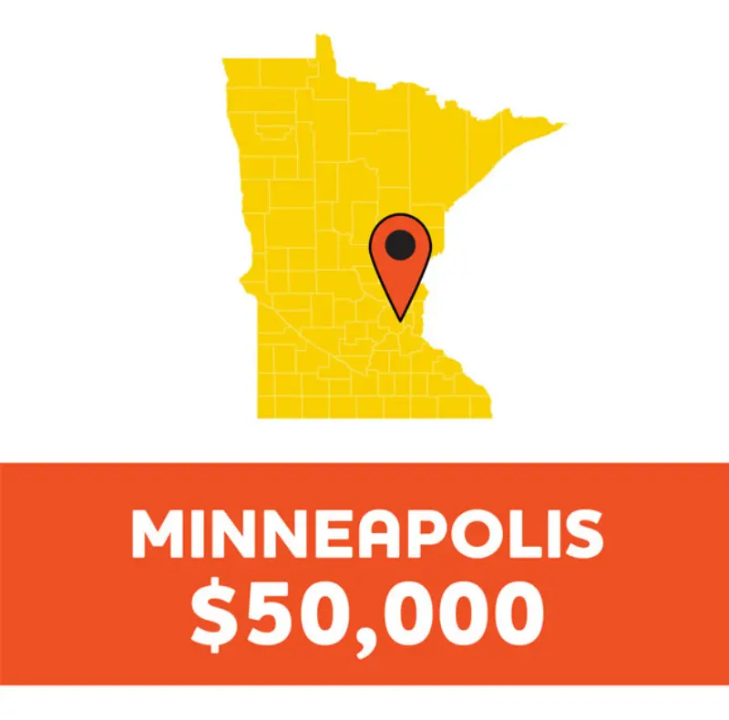 Minnesota state map with a Minneapolis location pin and a $50,000 prize amount displayed below.