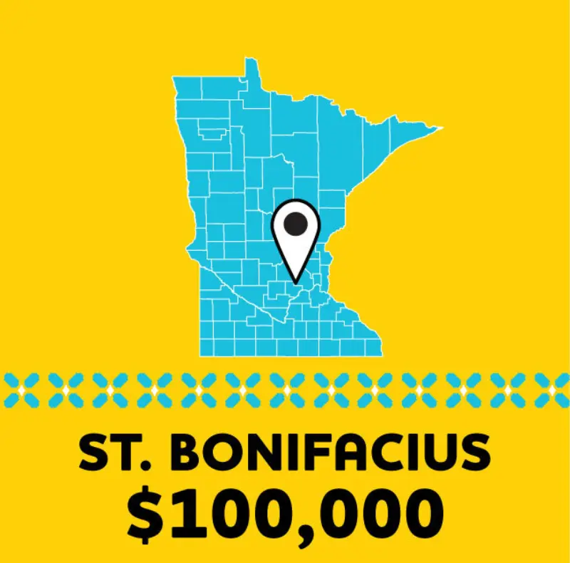 Blue Minnesota map with pin at St. Bonifacius. Below, yellow box reads: “ST. BONIFACIUS $100,000” with blue decorative border.