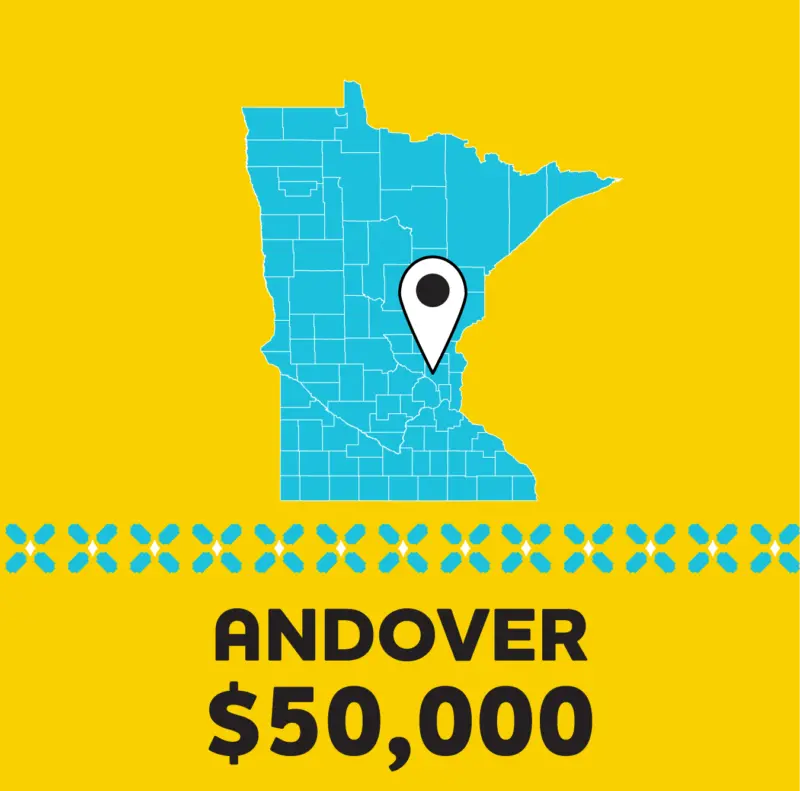 Blue Minnesota map on yellow, pin on Andover. Bold “ANDOVER $50,000” below with decorative blue pattern above text.