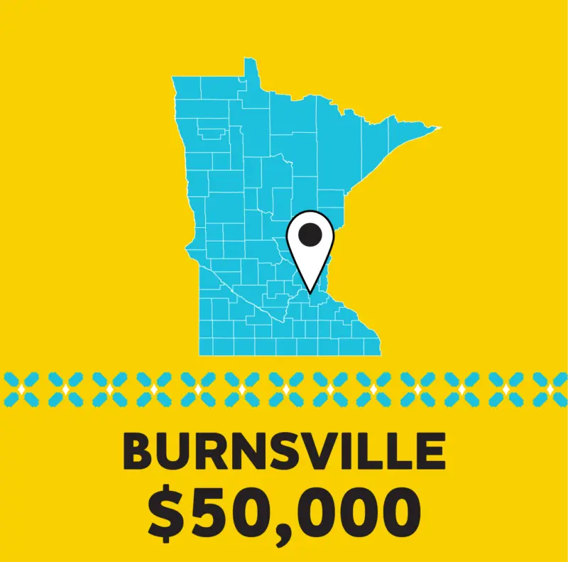 Minnesota map with Burnsville marked and "BURNSVILLE $50,000" displayed above on a yellow background.