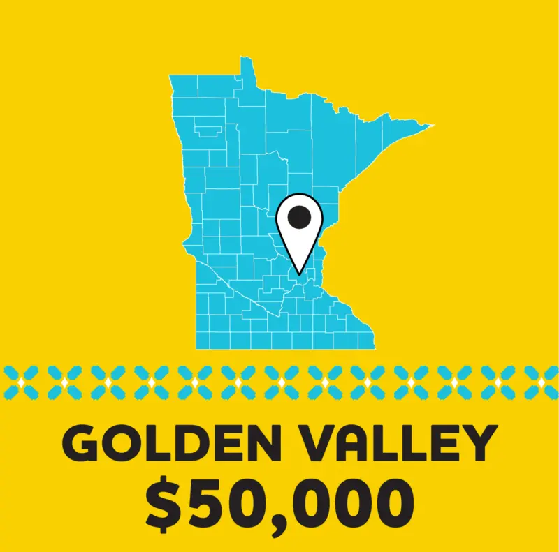 Minnesota map with Golden Valley pinned in blue on yellow. Text: GOLDEN VALLEY $50,000, blue shapes above.