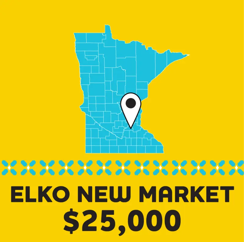 Blue Minnesota map with pin at Elko New Market, above bold text: ELKO NEW MARKET $25,000 on a yellow background.