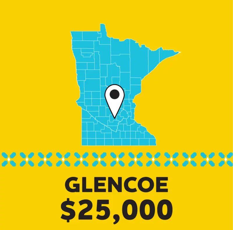 Minnesota map with Glencoe marked; “GLENCOE $25,000” displayed below on yellow background.
