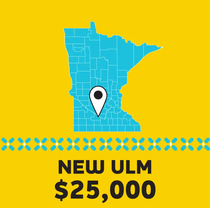 Blue Minnesota map with New Ulm pin, yellow background, “NEW ULM $25,000” below, blue accents underneath.
